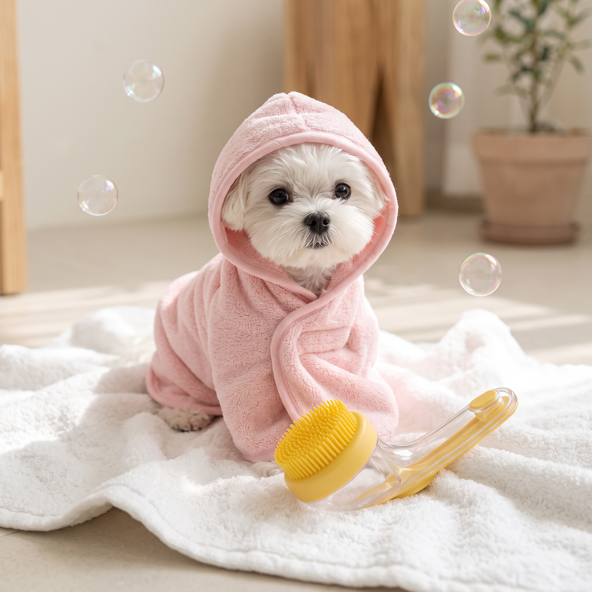 Puppy in a pink hooded robe next to the OneHand Bath shampoo brush
