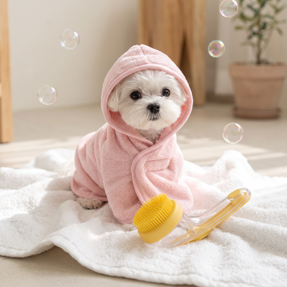 Puppy in a pink hooded robe next to the OneHand Bath shampoo brush