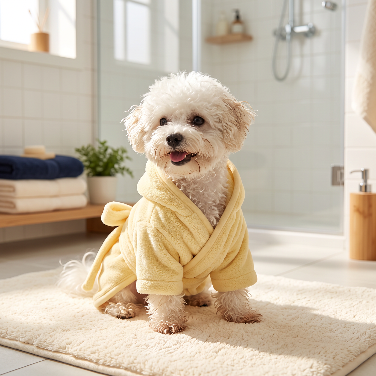 Small white dog in a yellow hooded OneHand Bath robe after a bath