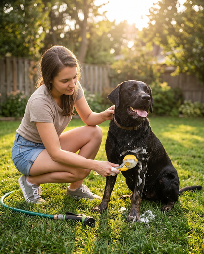 Washing muddy paws outdoors