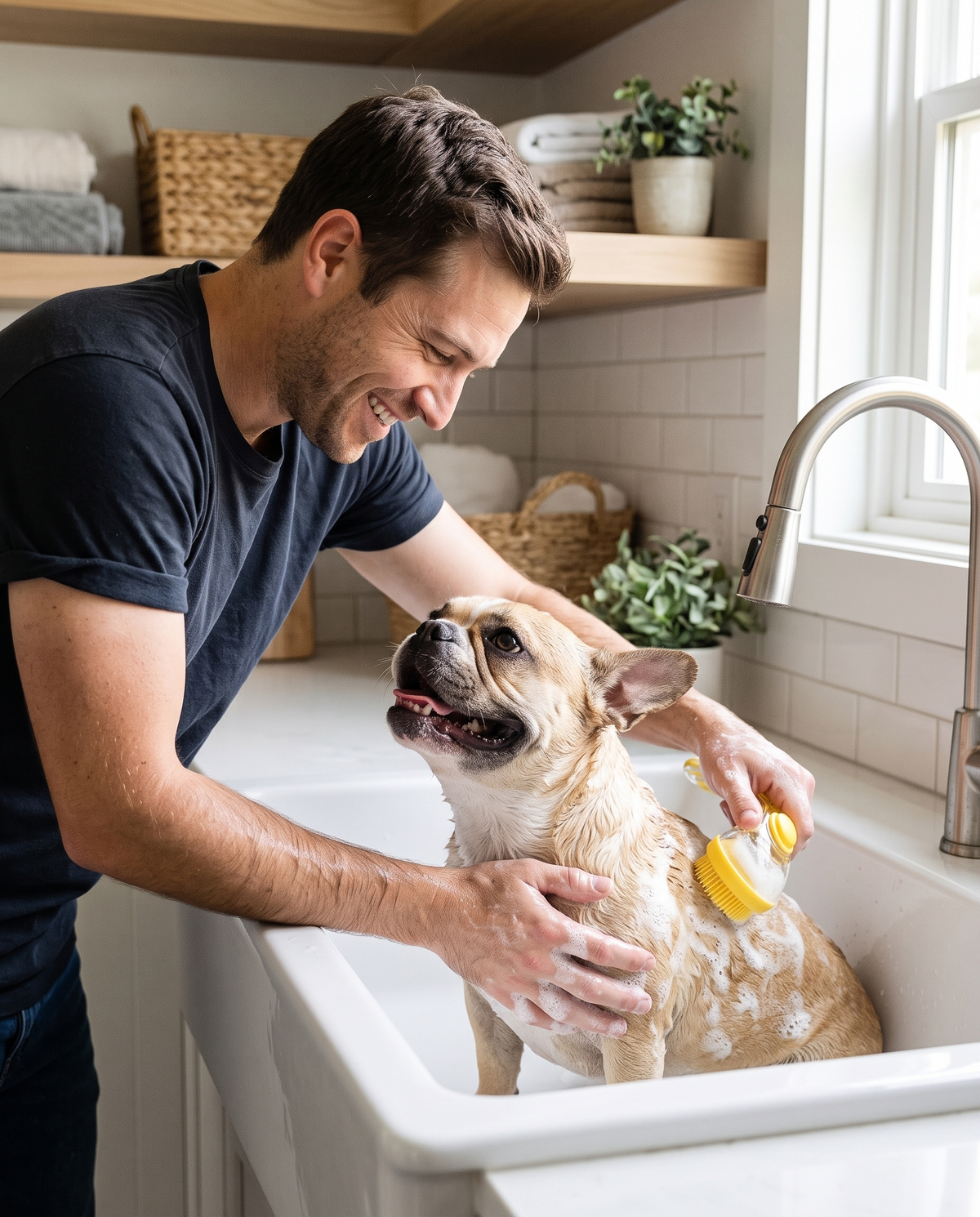 Happy French bulldog bath with OneHand Bath brush