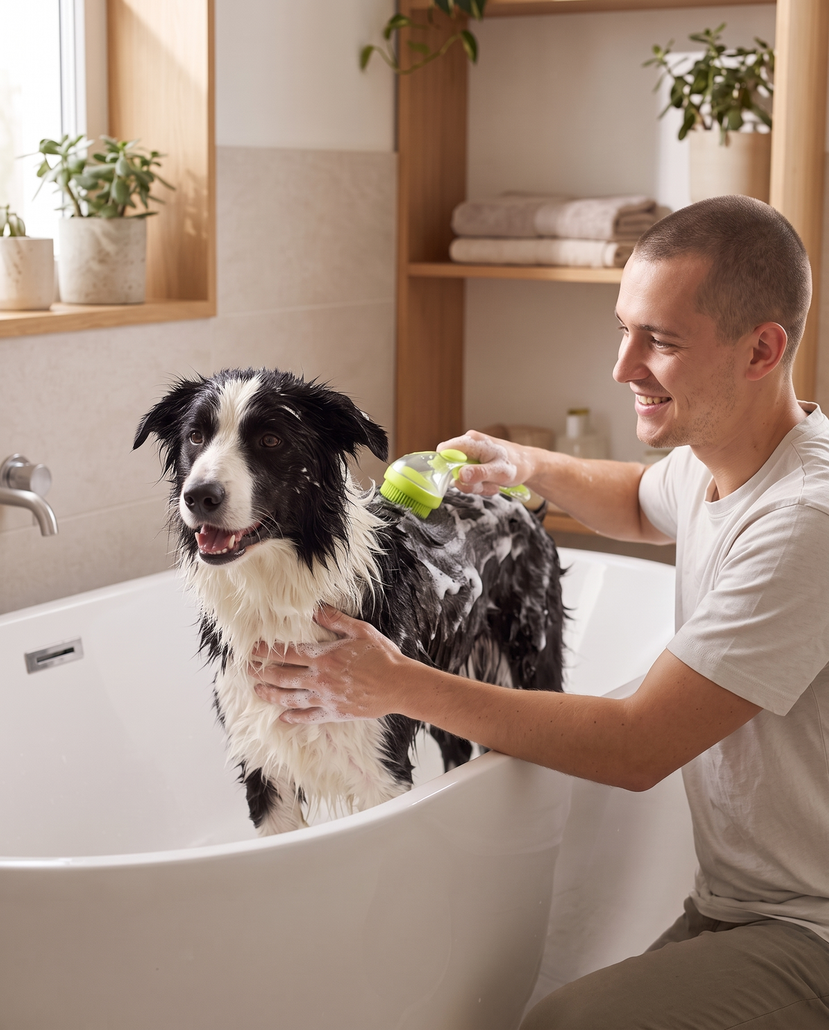Bathing a border collie with the green OneHand Bath brush