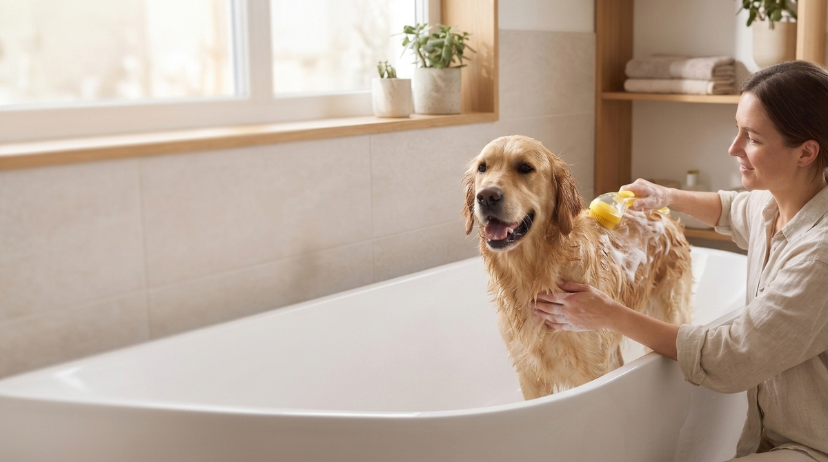 Washing a golden retriever with the OneHand Bath brush
