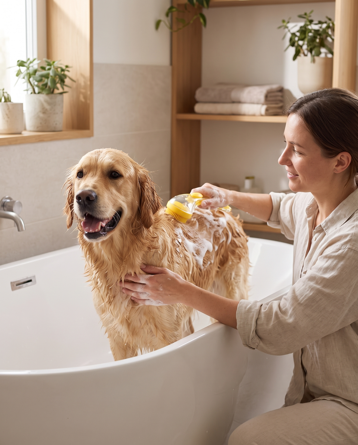 Washing a golden retriever with one hand using OneHand Bath