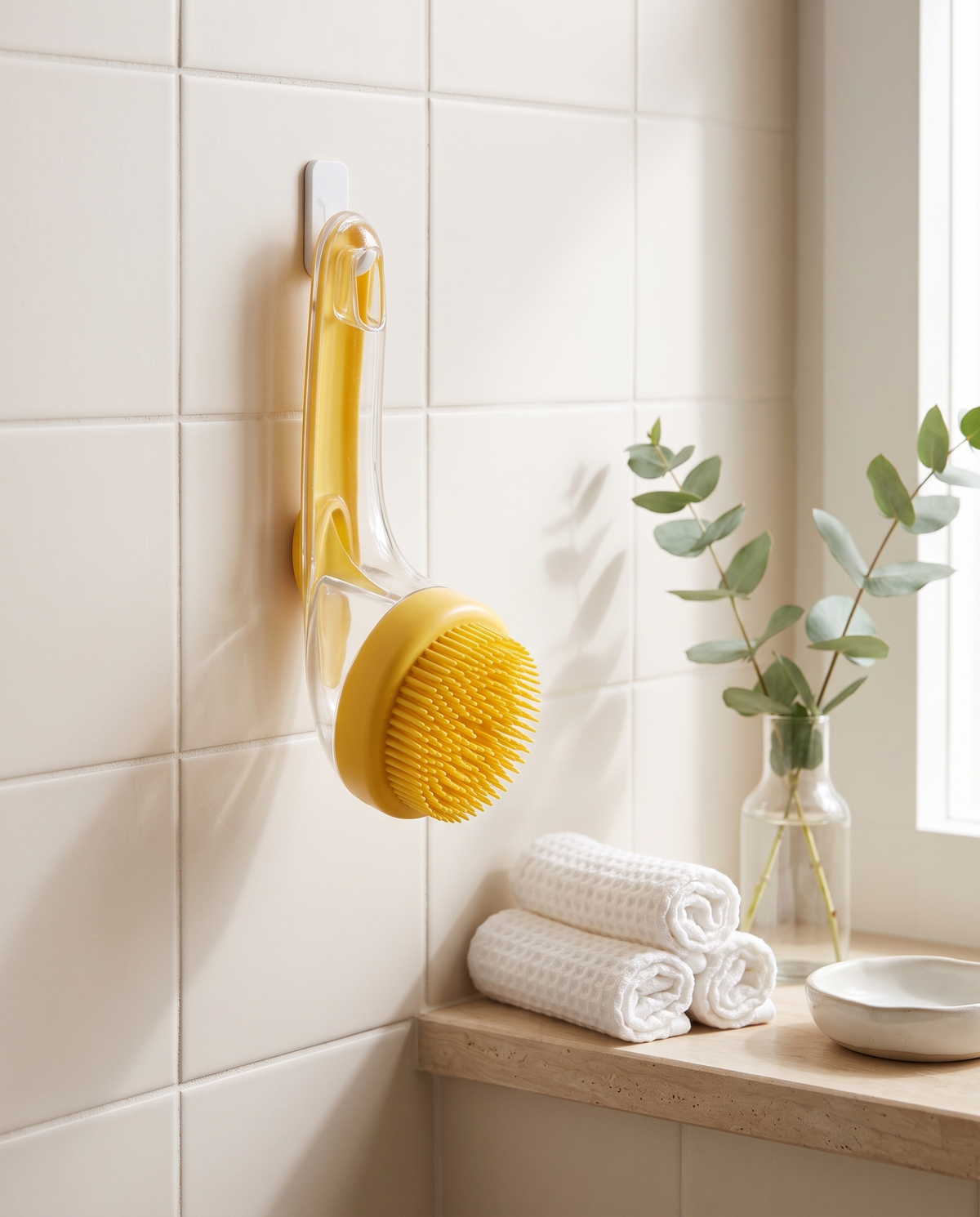 OneHand Bath brush on a bathroom hook