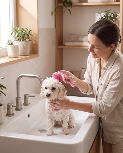 Bathing a small poodle with the pink OneHand Bath brush